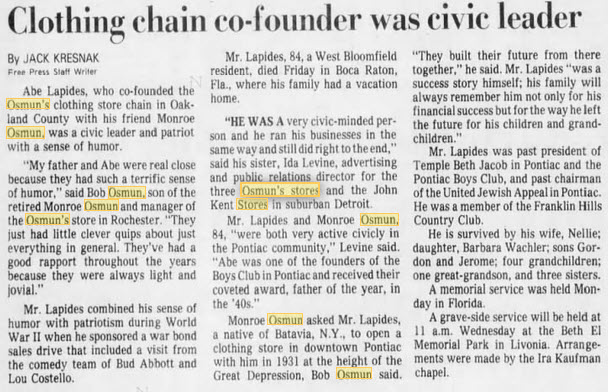 Osmuns Stores - Co-Founder Passes Away Jan 1987